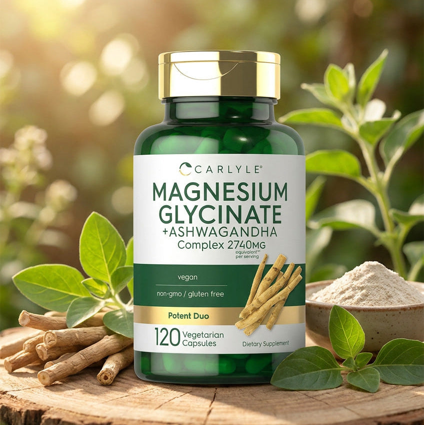 Carlylle Magnesium Glycinate + Ashwagandha supplement bottle on a wooden surface with greenery in the background.
