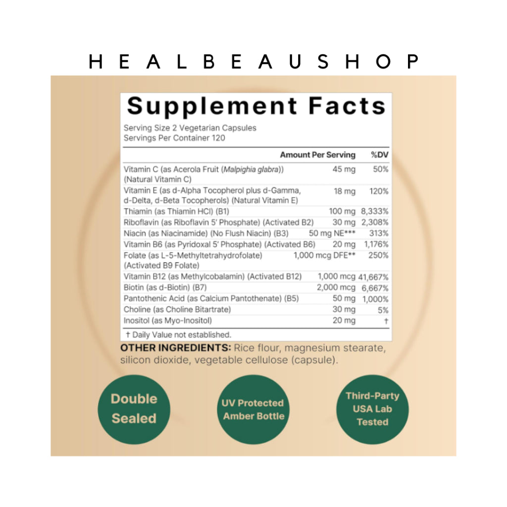 Naturebell Methylated B Complex B1 B2 B3 B5 B6 B12 Biotin Folate Choline 240vcaps