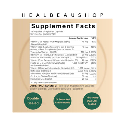Naturebell Methylated B Complex B1 B2 B3 B5 B6 B12 Biotin Folate Choline 240vcaps