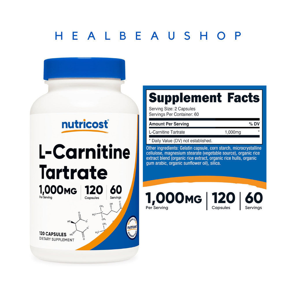Nutricost L-Carnitine Tartrate 120caps / 240 mg 1000mg  Metabolisme Recovery Mscle Pain
