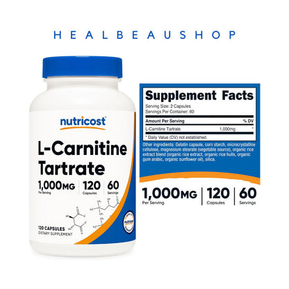 Nutricost L-Carnitine Tartrate 120caps / 240 mg 1000mg  Metabolisme Recovery Mscle Pain