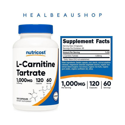 Nutricost L-Carnitine Tartrate 120caps / 240 mg 1000mg  Metabolisme Recovery Mscle Pain