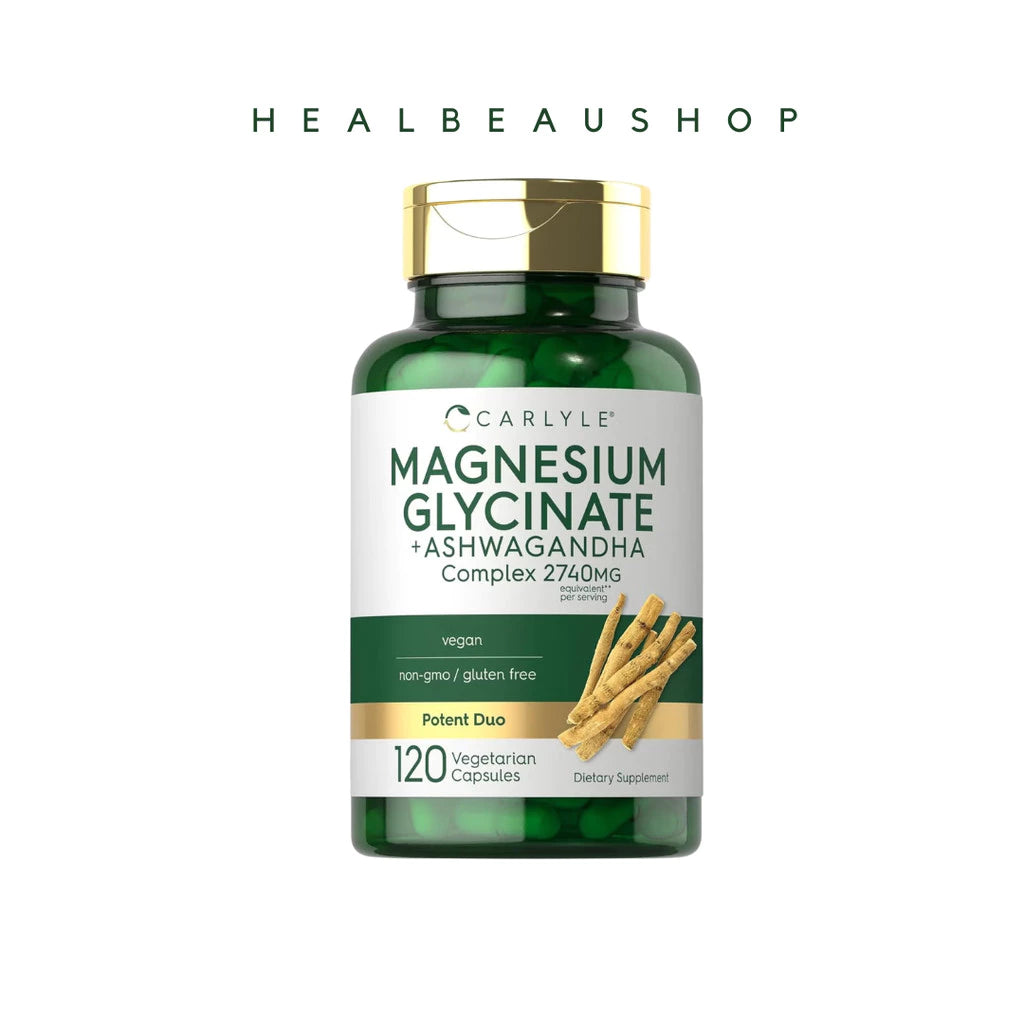 Supplement bottle labeled 'Carlyle Magnesium Glycinate + Ashwagandha' on a white background with 'HEALBEAUSHOP' branding.