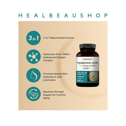 Naturebell Hyaluronic Acid with MSM & Collagen, 2000mg Per Serving, 240 Capsules