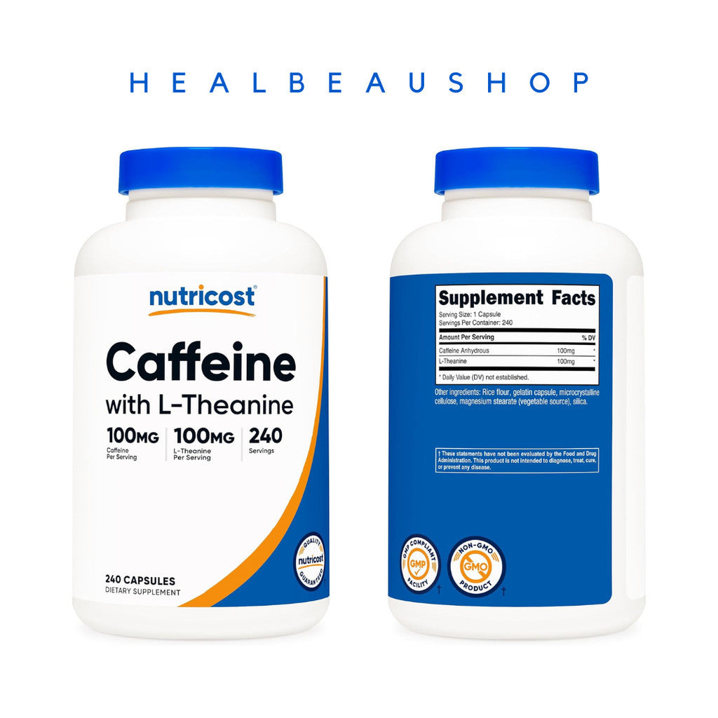 Nutricost Caffeine 100mg L-Theanine 100mg 240caps Halal Original US
