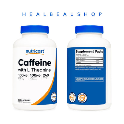 Nutricost Caffeine 100mg L-Theanine 100mg 240caps Halal Original US
