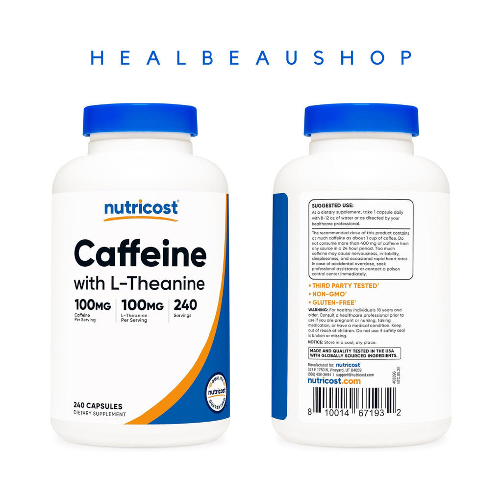 Nutricost Caffeine 100mg L-Theanine 100mg 240caps Halal Original US
