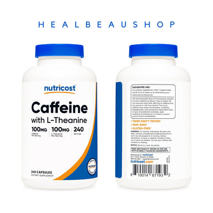 Nutricost Caffeine 100mg L-Theanine 100mg 240caps Halal Original US