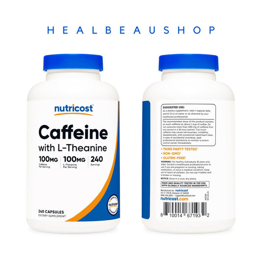 Nutricost Caffeine 100mg L-Theanine 100mg 240caps Halal Original US