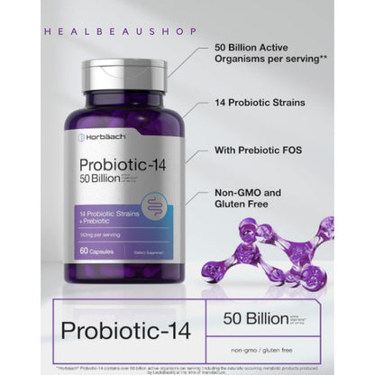 Horbaach Probiotic Prebiotic 50billion 14strain 60caps Lambung Pencernaan