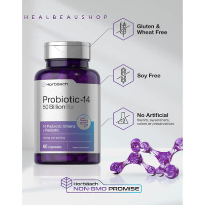 Horbaach Probiotic Prebiotic 50billion 14strain 60caps Lambung Pencernaan