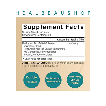 Naturebell Hyaluronic Acid with MSM & Collagen, 2000mg Per Serving, 240 Capsules