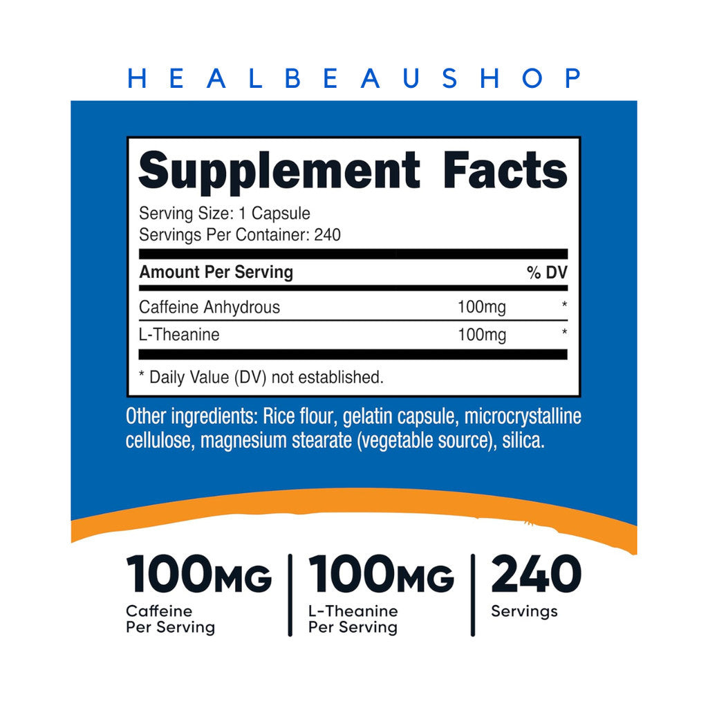Nutricost Caffeine 100mg L-Theanine 100mg 240caps Halal Original US