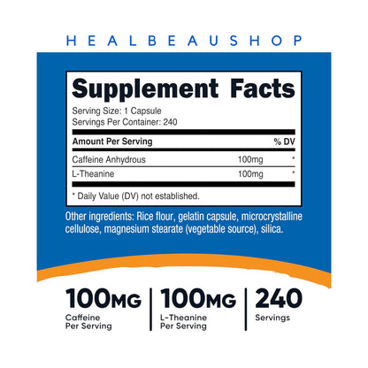Nutricost Caffeine 100mg L-Theanine 100mg 240caps Halal Original US