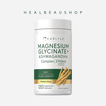 Carlyle Magnesium Glycinate Ashwagandha 2740mg Stress Insomnia Relaksasi 120 caps Halal Original USA