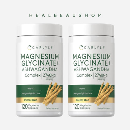 Carlyle Magnesium Glycinate Ashwagandha 2740mg Stress Insomnia Relaksasi 120 caps Halal Original USA