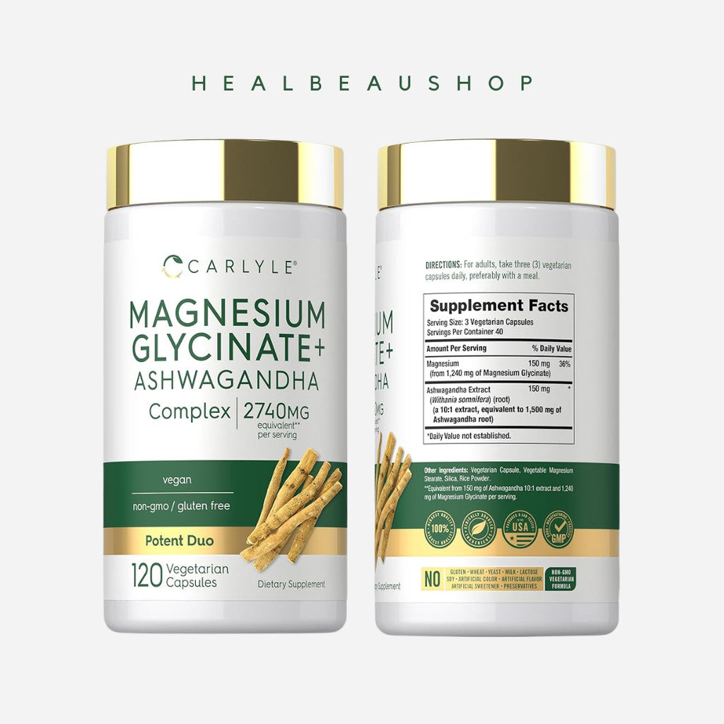 Carlyle Magnesium Glycinate Ashwagandha 2740mg Stress Insomnia Relaksasi 120 caps Halal Original USA