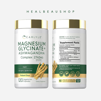 Carlyle Magnesium Glycinate Ashwagandha 2740mg Stress Insomnia Relaksasi 120 caps Halal Original USA