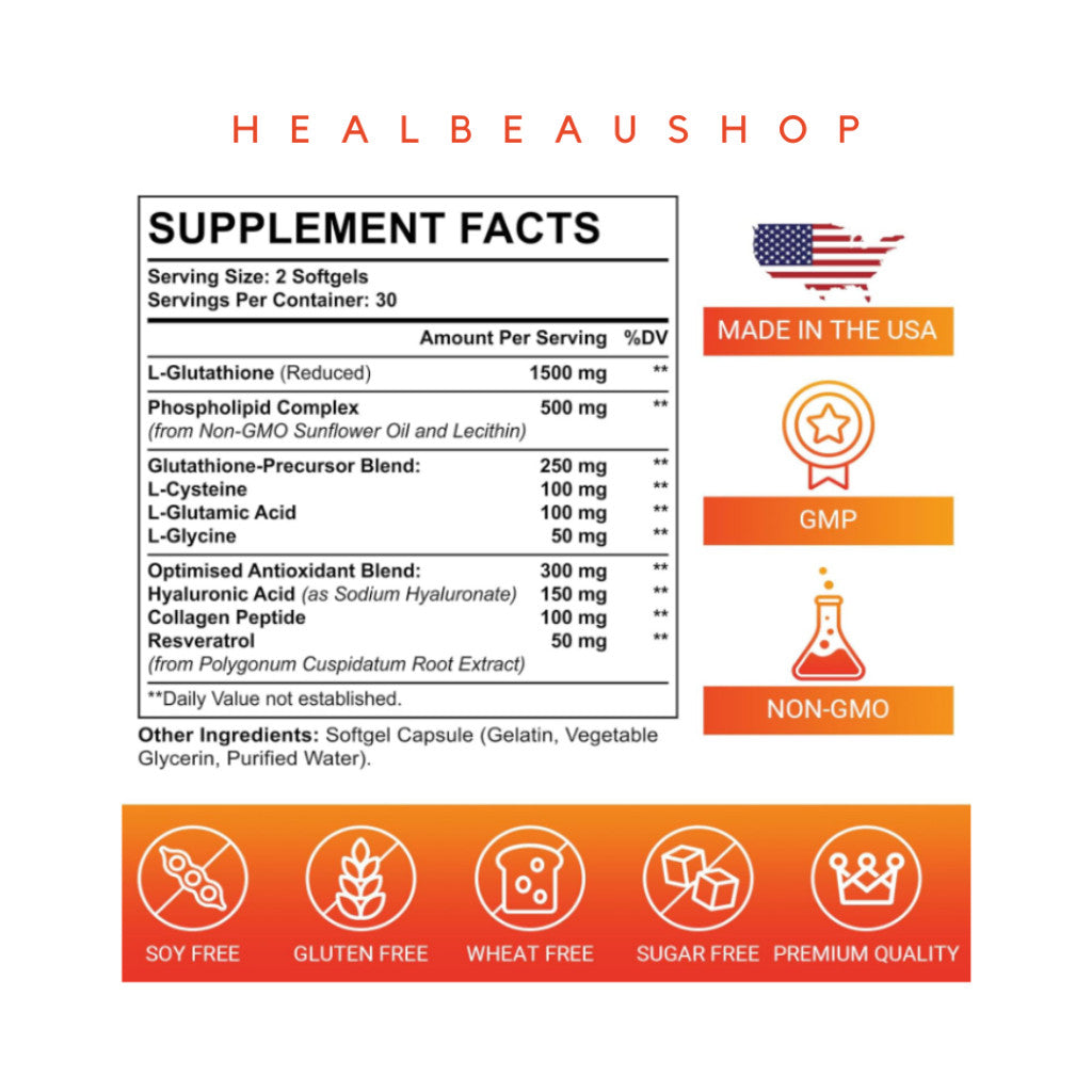 Liposomal Glutathione 2550mg Hyaluronic Acid Resveratrol Collagen Peptide Ori USA