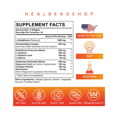 Liposomal Glutathione 2550mg Hyaluronic Acid Resveratrol Collagen Peptide Ori USA