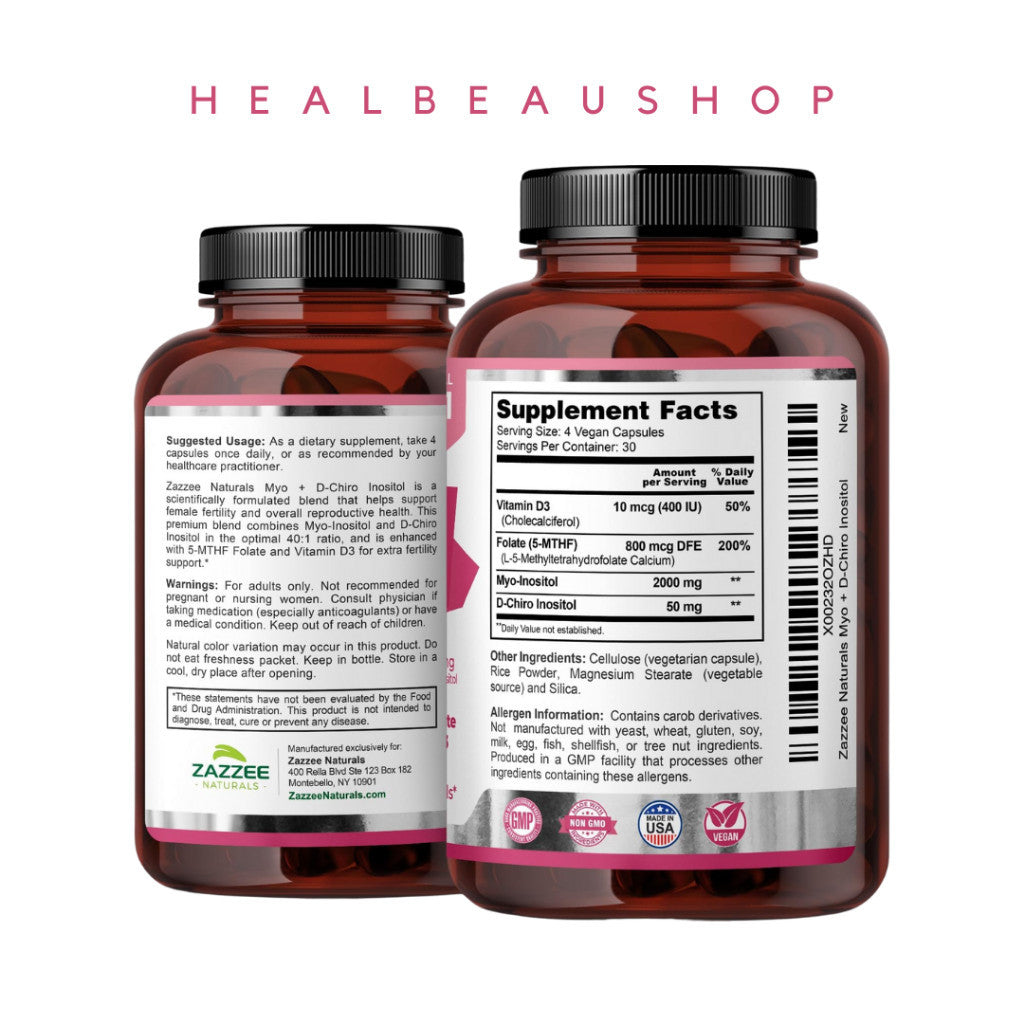 Zazzee Myo D-Chiro 40:1 Inositol Vitex 500mg 120caps Halal Original USA