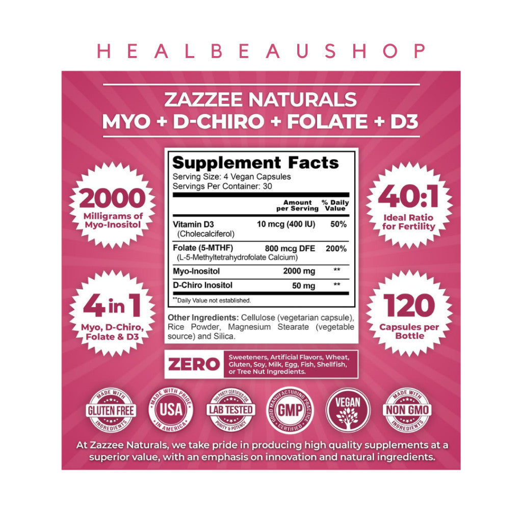 Zazzee Myo D-Chiro 40:1 Inositol Vitex 500mg 120caps Halal Original USA