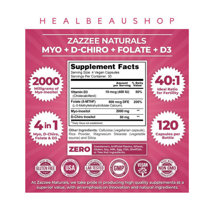 Zazzee Myo D-Chiro 40:1 Inositol Vitex 500mg 120caps Halal Original USA