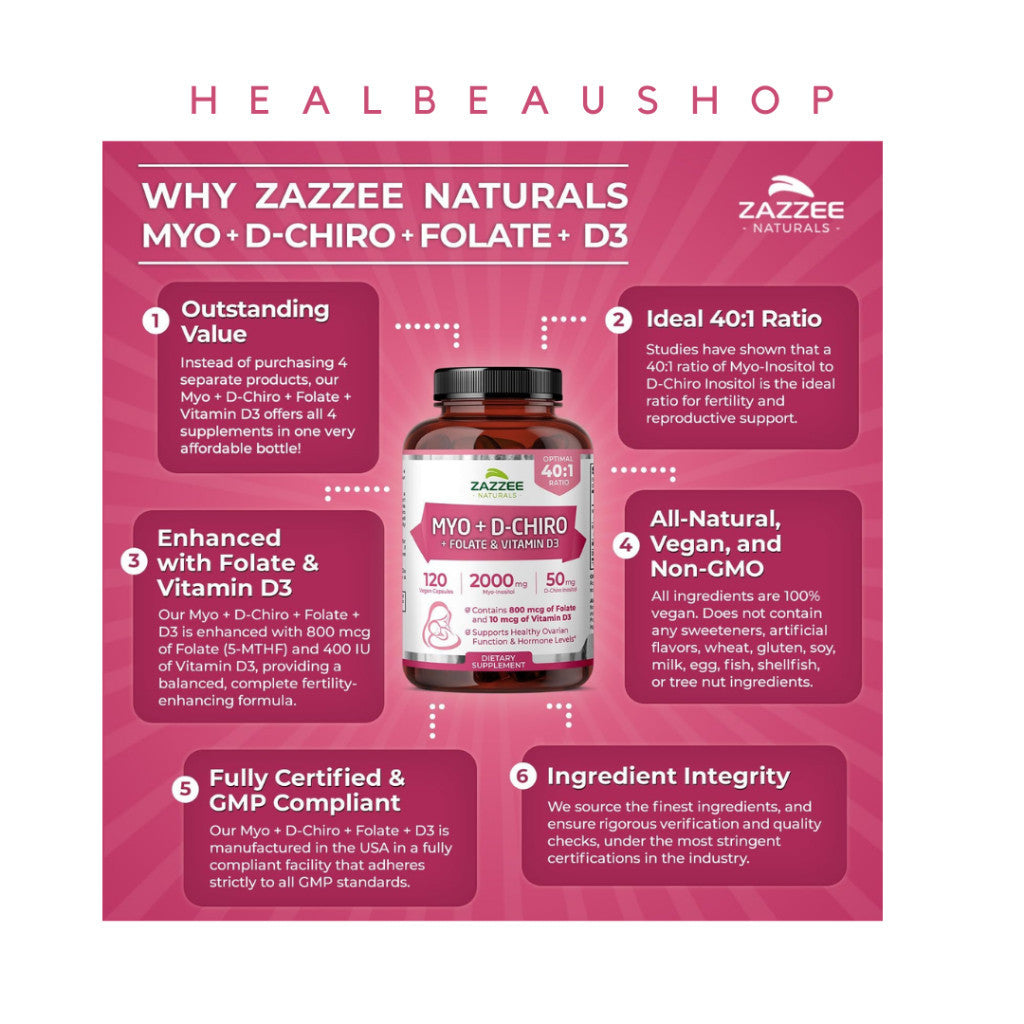 Zazzee Myo D-Chiro 40:1 Inositol Vitex 500mg 120caps Halal Original USA