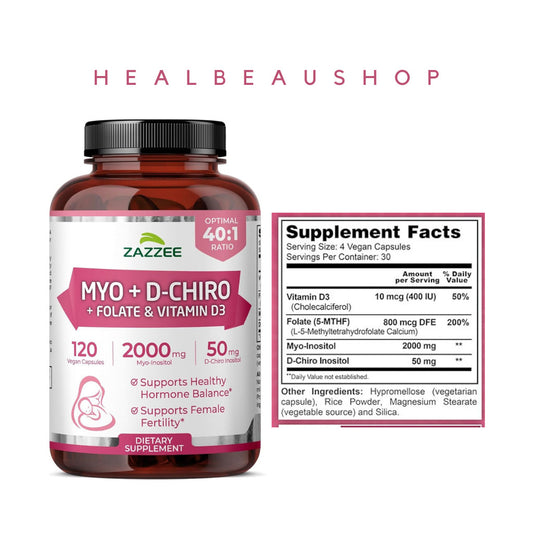 Zazzee Myo D-Chiro 40:1 Inositol Vitex 500mg 120caps Halal Original USA
