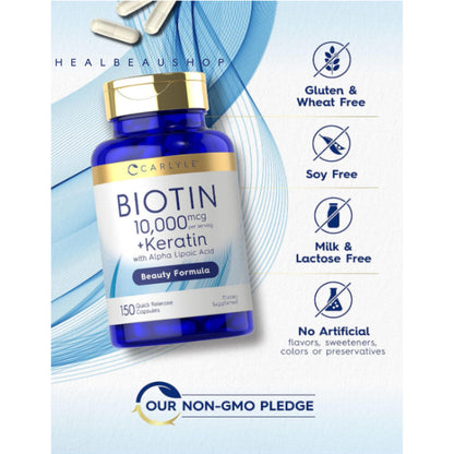 Carlyle Biotin 10.000 & 5.000 Mcg Keratin Alpha Lipoic Acid 150caps Original USA